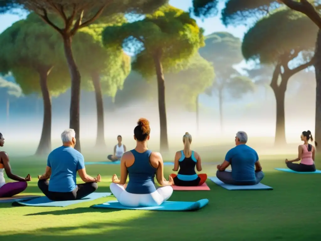 Una hermosa sesión de yoga al aire libre en un parque de Uruguay, con diversidad de personas practicando posturas bajo el cielo azul