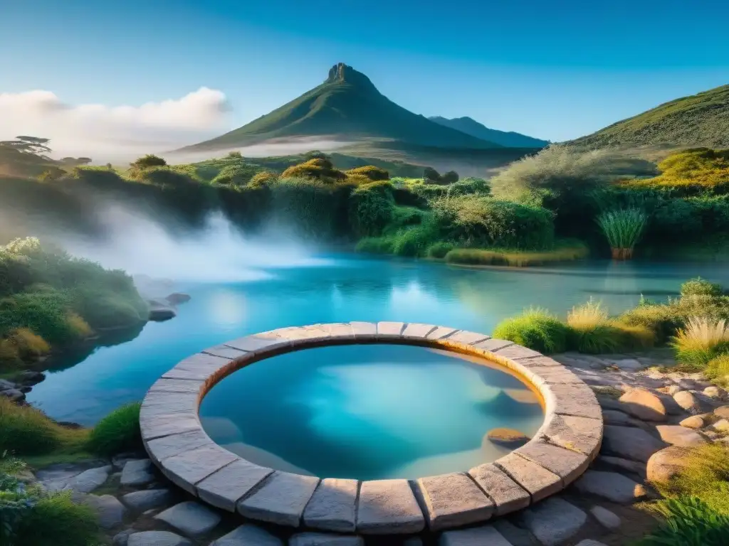 Un hermoso baño termal en Uruguay rodeado de exuberante vegetación, bajo un cielo azul