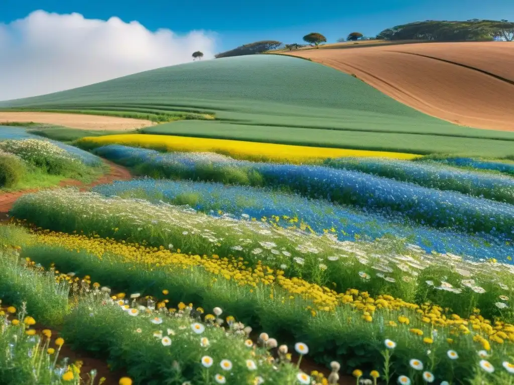 Hermoso campo verde en Uruguay, cosecha de manzanilla por agricultores locales