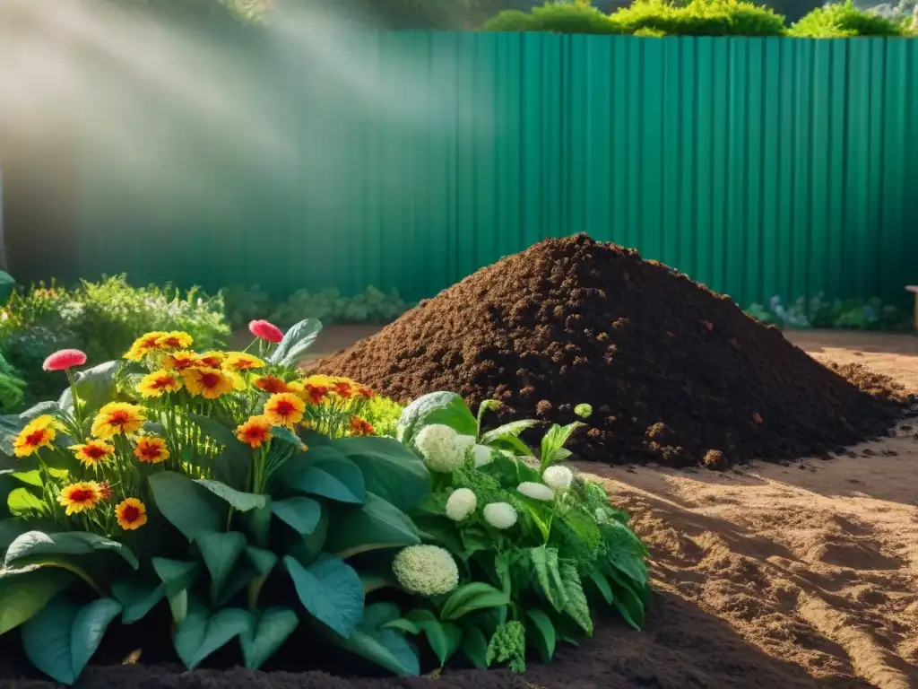 Un hermoso montón de compost verde rodeado de flores y vegetales en un jardín de Uruguay, mostrando la belleza del compostaje en la naturaleza