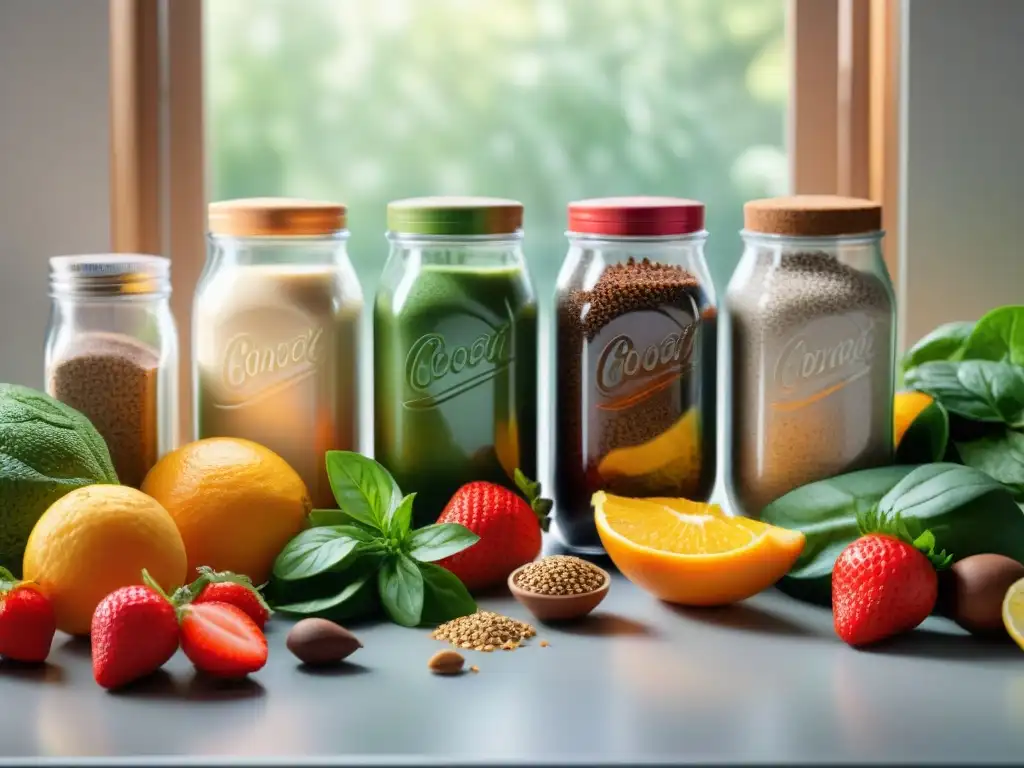 Desayuno saludable con frutas y batido proteico Un hermoso mostrador de cocina con frutas y verduras frescas, lista para preparar batidos de proteína caseros