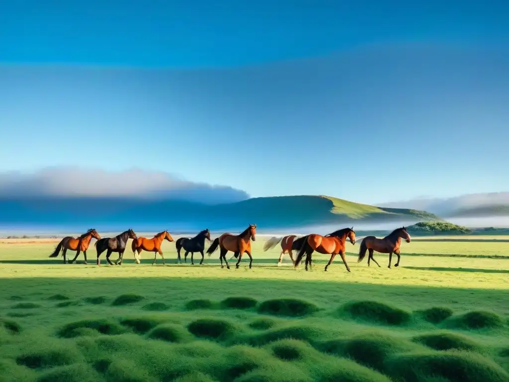 Hermoso paisaje de praderas verdes en Uruguay con caballos majestuosos, perfecto para cabalgatas terapéuticas