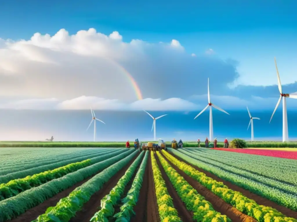 Un hermoso paisaje de una vibrante granja agroecológica en Uruguay, donde agricultores de todas las edades y géneros trabajan juntos en armonía