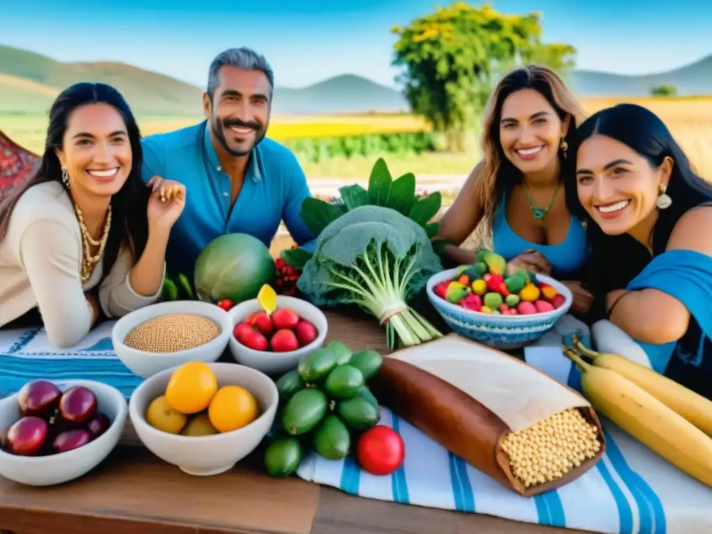 Un hermoso retrato de comunidad y dieta sostenible en Uruguay con personas sonrientes alrededor de una mesa colorida