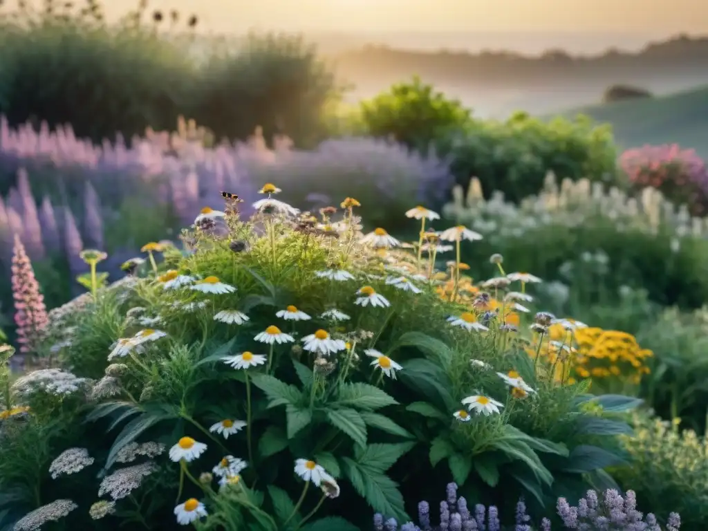 Jardín de hierbas medicinales uruguayas en atardecer sereno con valeriana, manzanilla y lavanda, transmitiendo calma y armonía