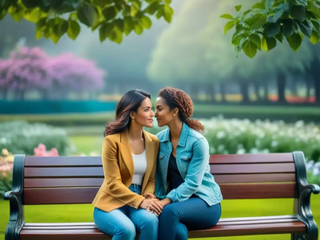 Madre e hija disfrutando de una conversación profunda en un banco del parque, demostrando comunicación efectiva en la crianza