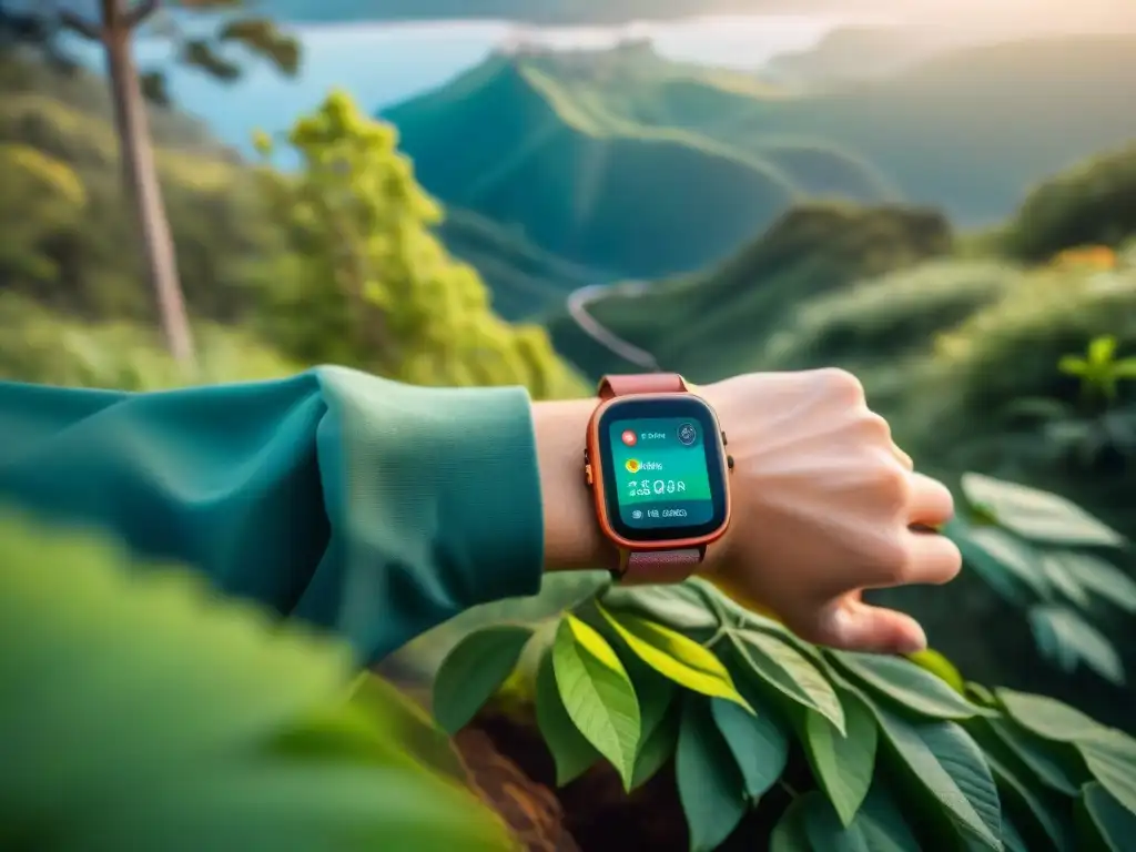 Un hiker en un frondoso bosque de Uruguay, usando uno de los mejores gadgets para actividades al aire libre, con GPS