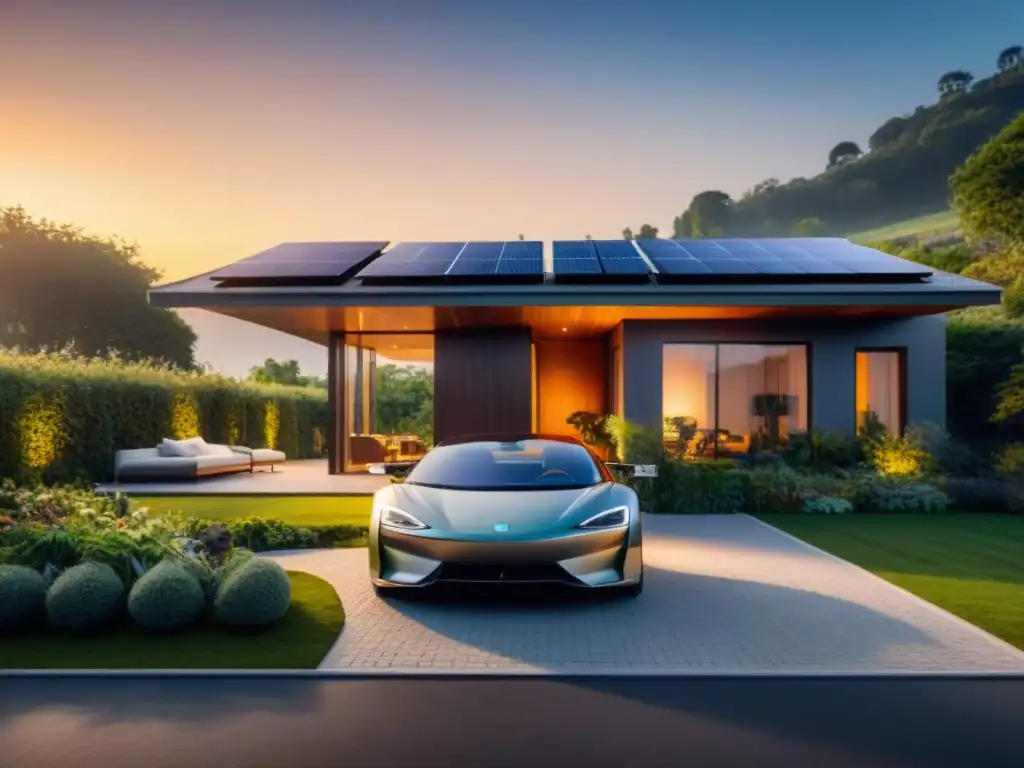 Hogar ecológico en Uruguay con paneles solares, jardín verde y auto eléctrico