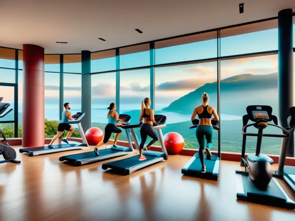 Un hogar gym moderno en Uruguay donde personas de todas las edades y orígenes se ejercitan juntas, inspirando un estilo de vida saludable