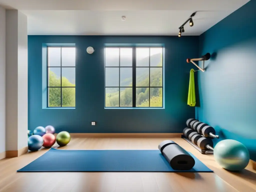 Un hogar moderno con equipos de gimnasio casero seguro: cinta de correr, pesas, bandas de resistencia, esterilla de yoga y espejo