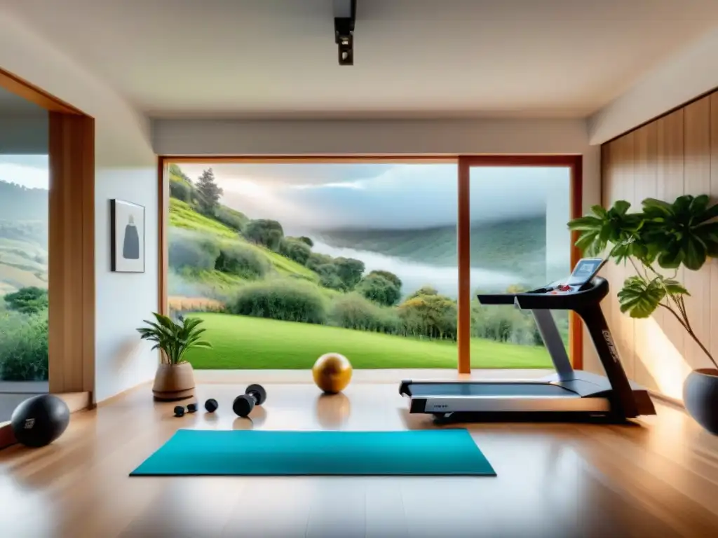 Un hogar moderno con equipos de gimnasio en casa en Uruguay, iluminado y rodeado de naturaleza exuberante