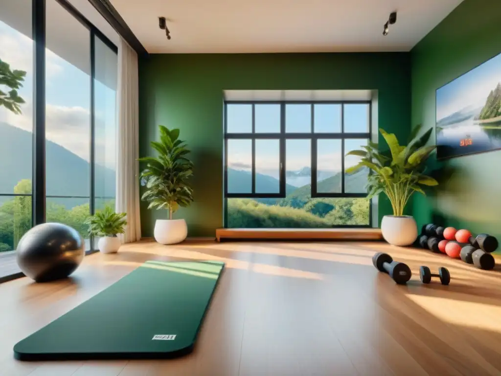 Un hogar sereno y elegante para hacer ejercicio, con equipo moderno, plantas verdes y motivadores carteles de fitness