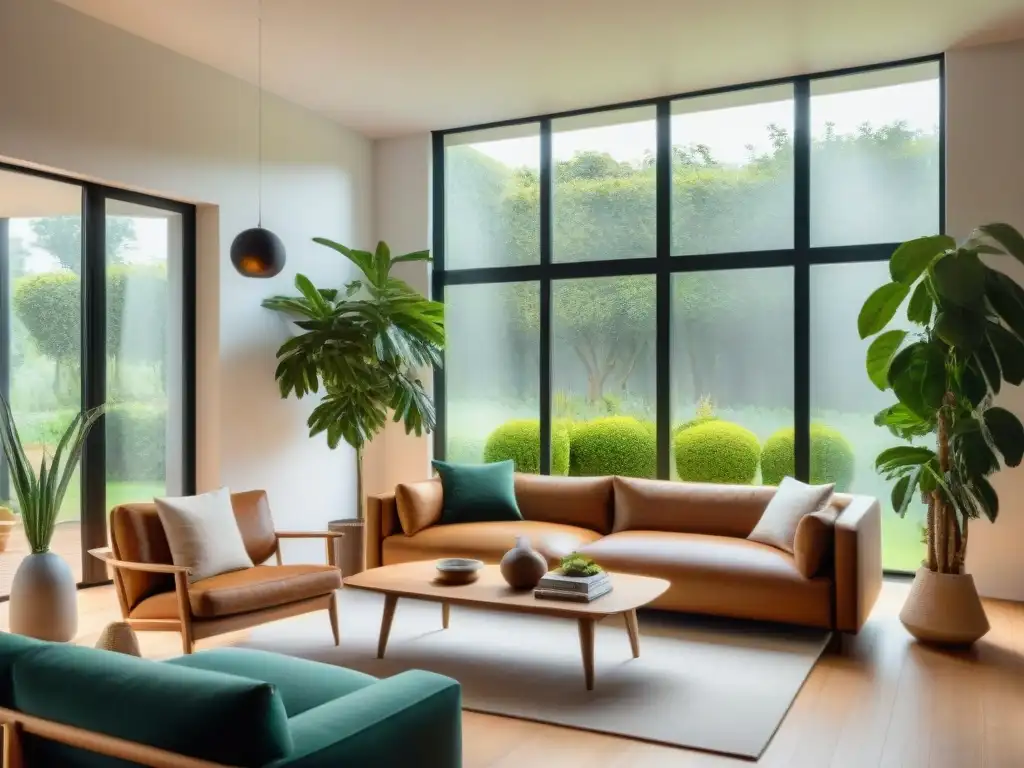 Un hogar sostenible en Uruguay con jardín verde, muebles ecofriendly y luz natural, promoviendo bienestar mental