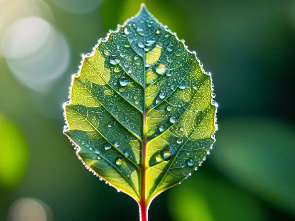 Hoja verde con gotas de rocío brillantes reflejando la luz solar, simbolizando la fragilidad de la naturaleza