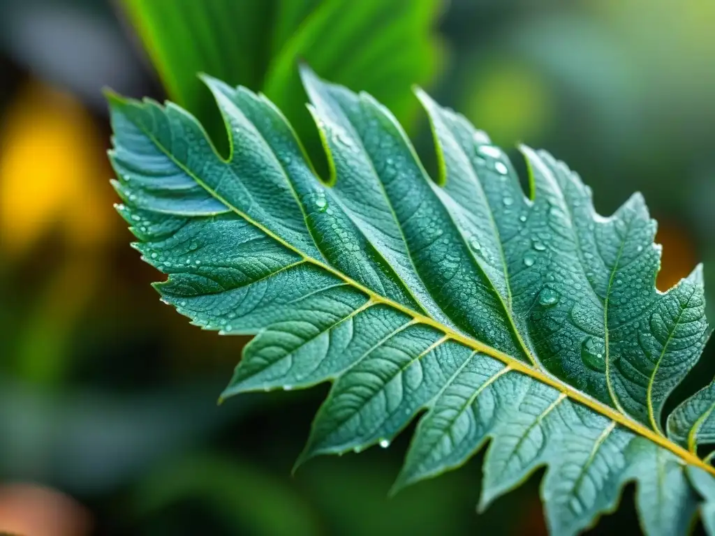 Una hoja verde con rocío bajo la luz suave, reflejando la belleza natural y el bienestar integral en Uruguay con prácticas ecoamigables