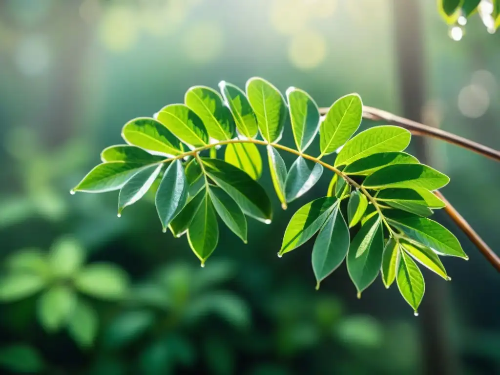 Hojas de moringa en un bosque uruguayo, vibrantes y frescas, transmiten bienestar integral