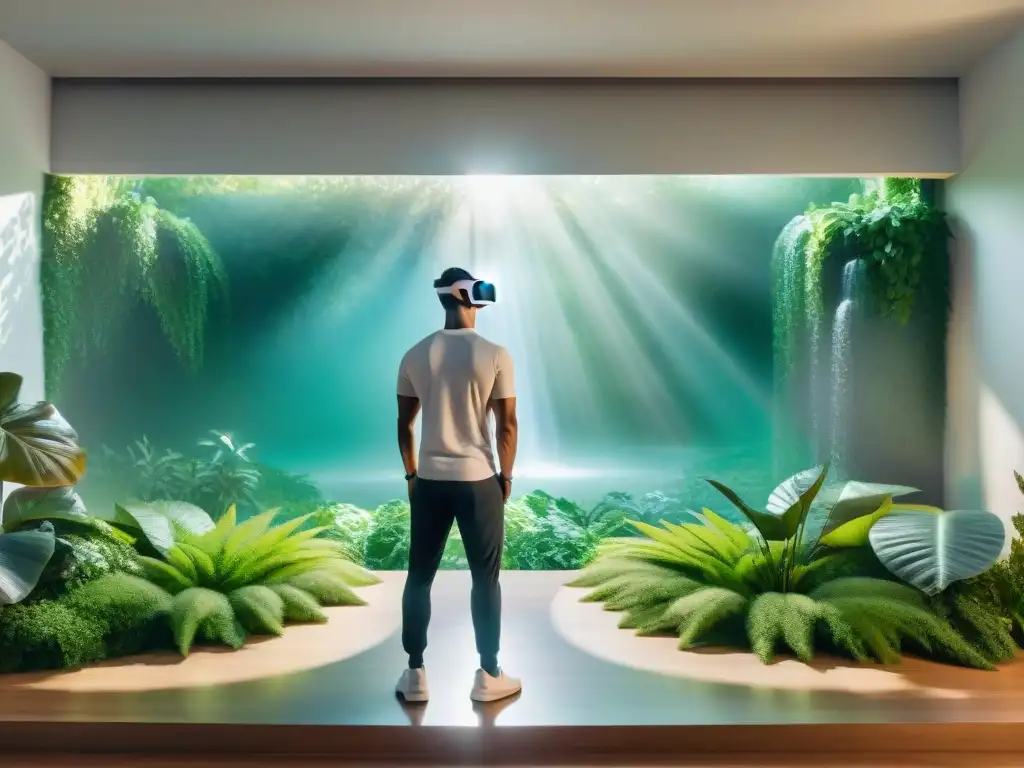 Un holograma futurista guía en mindfulness a una persona en un entorno de bienestar virtual