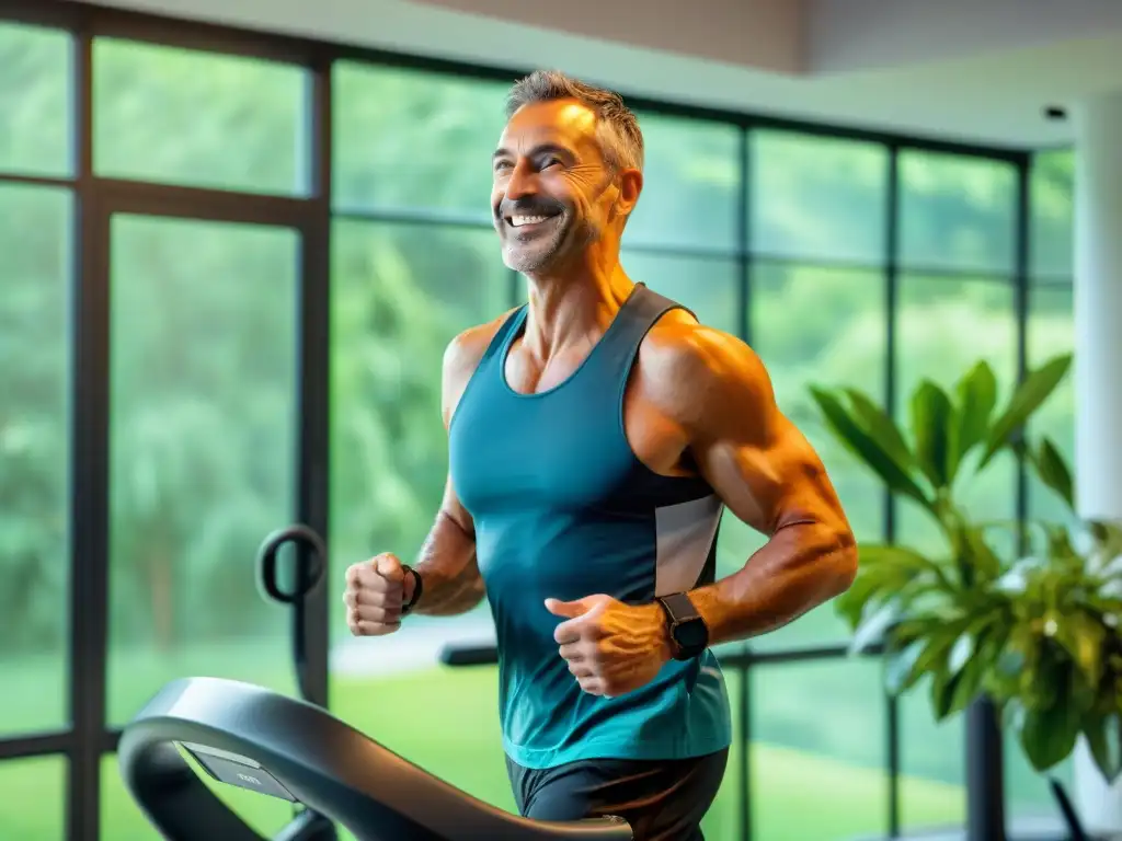 Un hombre uruguayo sonriente usa una caminadora en su elegante gimnasio casero, rodeado de motivación y equipos cardiovasculares