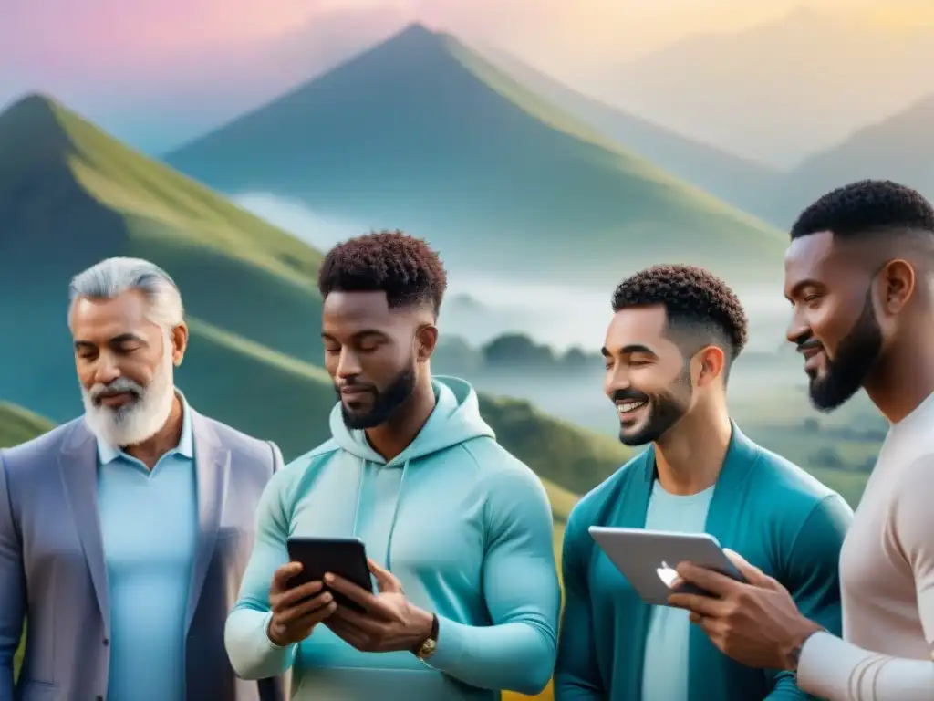 Hombres diversos usan tecnología para mejorar fertilidad masculina en paisaje digital futurista y armonioso