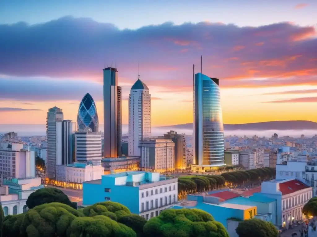 Un horizonte bullicioso de Montevideo, Uruguay, con rascacielos modernos y un cielo vibrante al atardecer