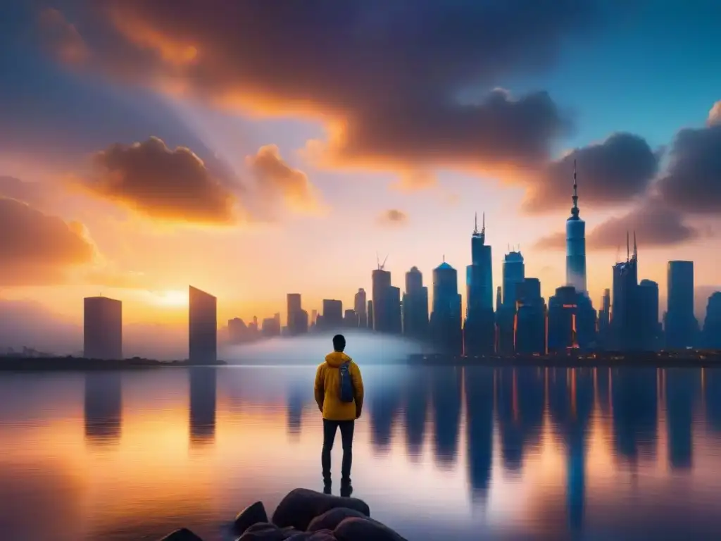 Un horizonte digital futurista y sereno con una ciudad vibrante al atardecer, reflejando en un río tranquilo