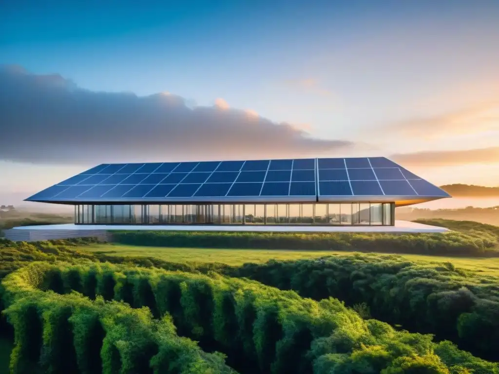 Hospital futurista en Uruguay con energías renovables y paisaje verde al atardecer, símbolo de impacto cambio climático seguro salud Uruguay