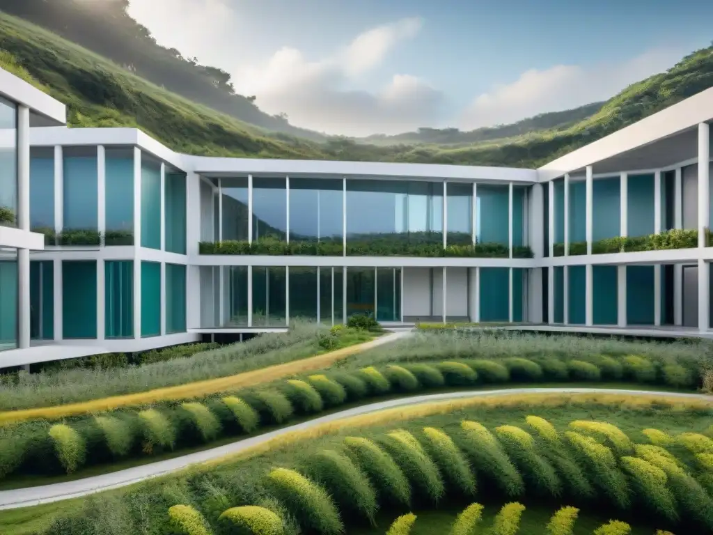 Hospital futurista en Uruguay con tecnología avanzada y diseño moderno integrado, reflejando armonía entre naturaleza y tecnología