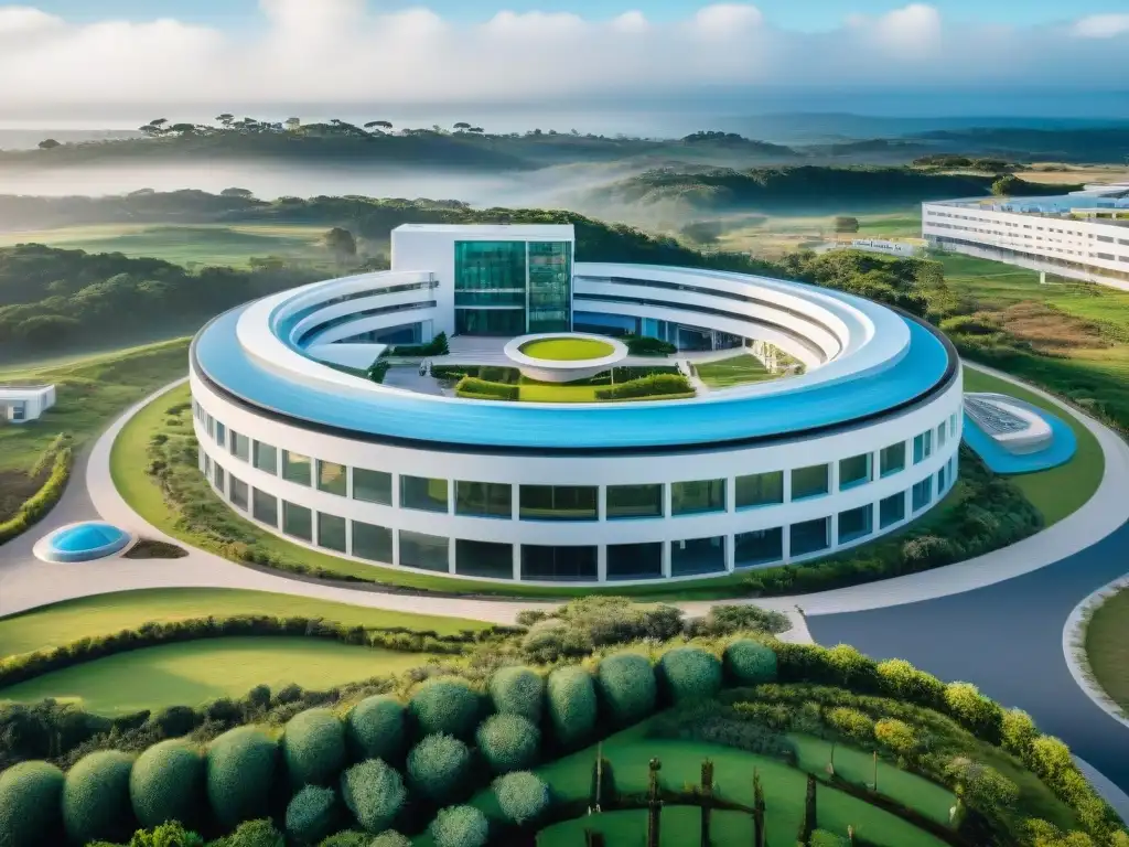 Hospital moderno en Uruguay, rodeado de vegetación, bajo cielo azul