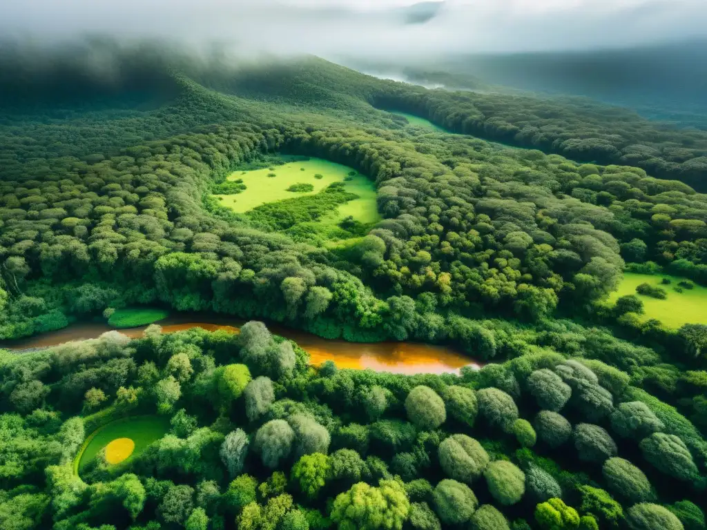 Reducir huella carbono en exuberante bosque uruguayo, con diversa flora y fauna bajo el sol filtrándose entre el dosel