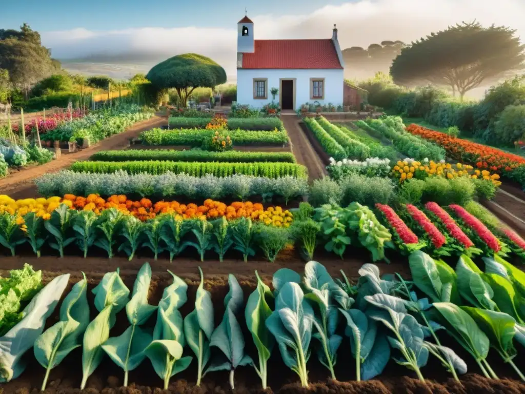 Huertas comunitarias en Uruguay: un jardín vibrante lleno de verduras y flores coloridas, reflejando unidad y bienestar