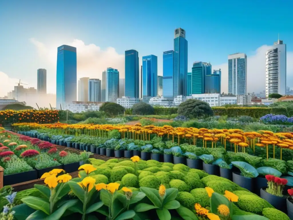 Huertas urbanas para bienestar en Uruguay: jardín vibrante con plantas verdes, abejas y mariposas, bajo un cielo azul