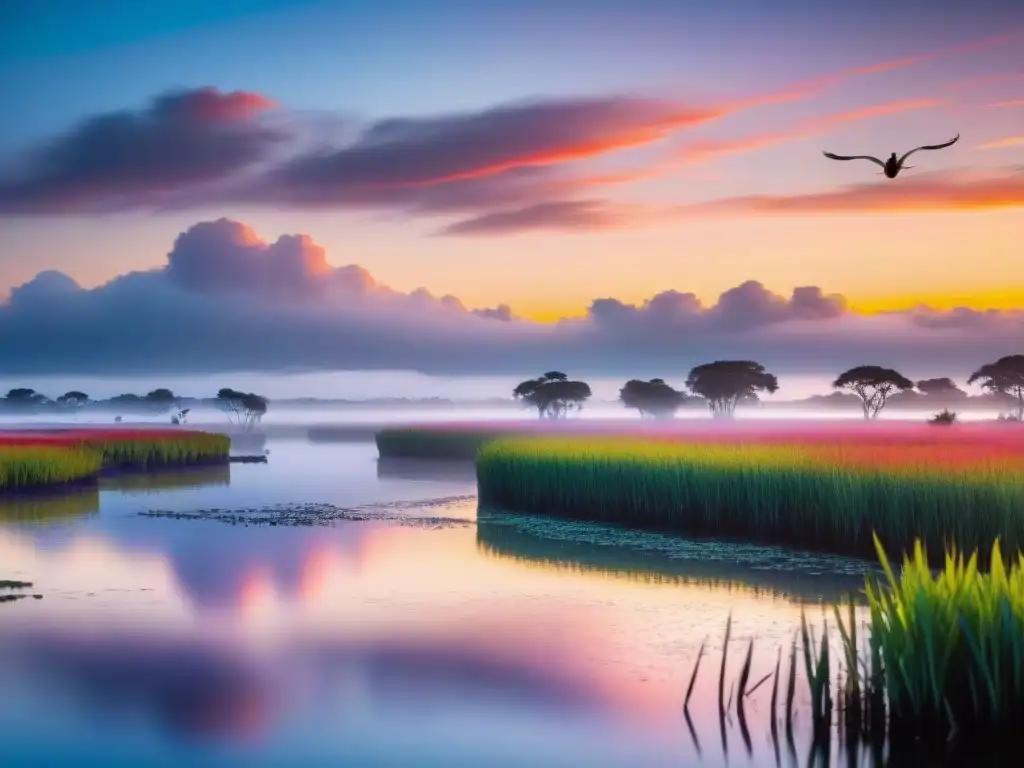 Amanecer en humedal uruguayo con aves: hermosa biodiversidad resalta la conservación de humedales en Uruguay