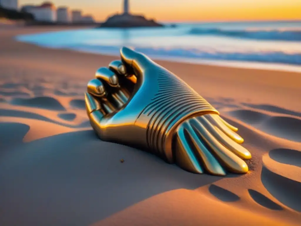 El icónico monumento de la mano en la playa de Punta del Este destaca al atardecer, reflejando el arte y la cultura de Uruguay