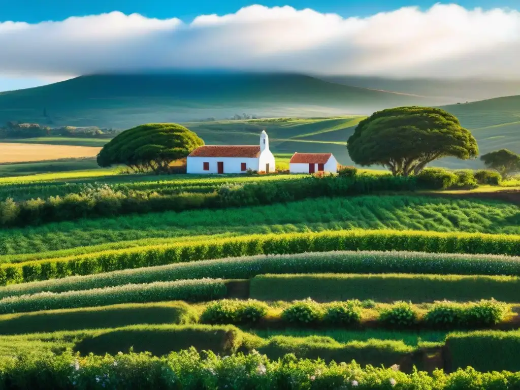 Idílica granja uruguaya con campos verdes y lugareños trabajando, reflejando la fusión de naturaleza y cultura