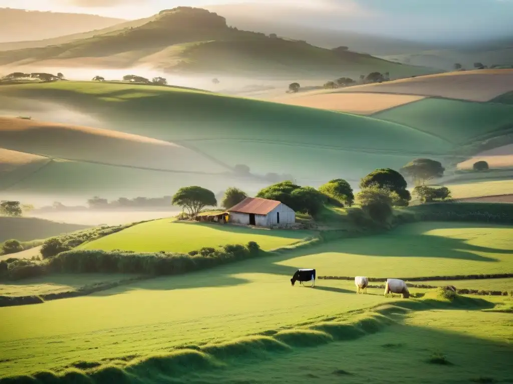 Idílica granja de quesos artesanales uruguayos sostenibles al atardecer en el campo verde