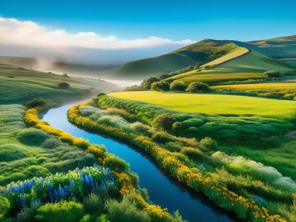 Idílica paisaje verde en Uruguay con colinas, arroyo cristalino y flores silvestres