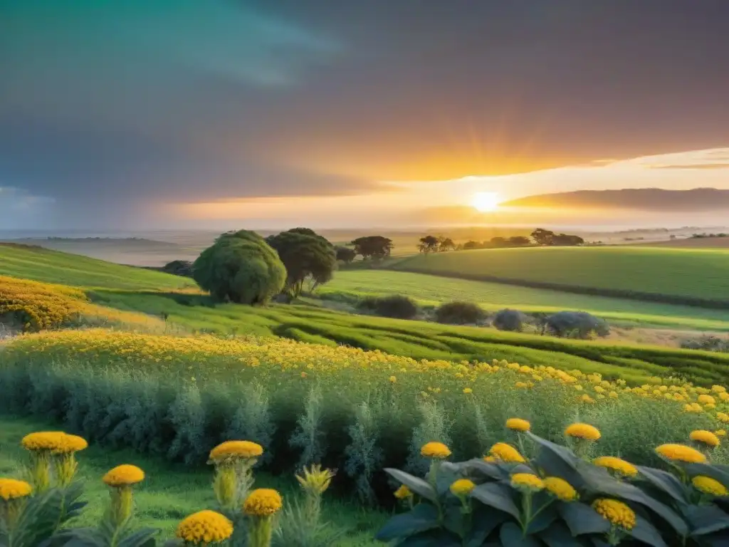 Idílica puesta de sol en campos verdes de Uruguay, aceites esenciales y bienestar