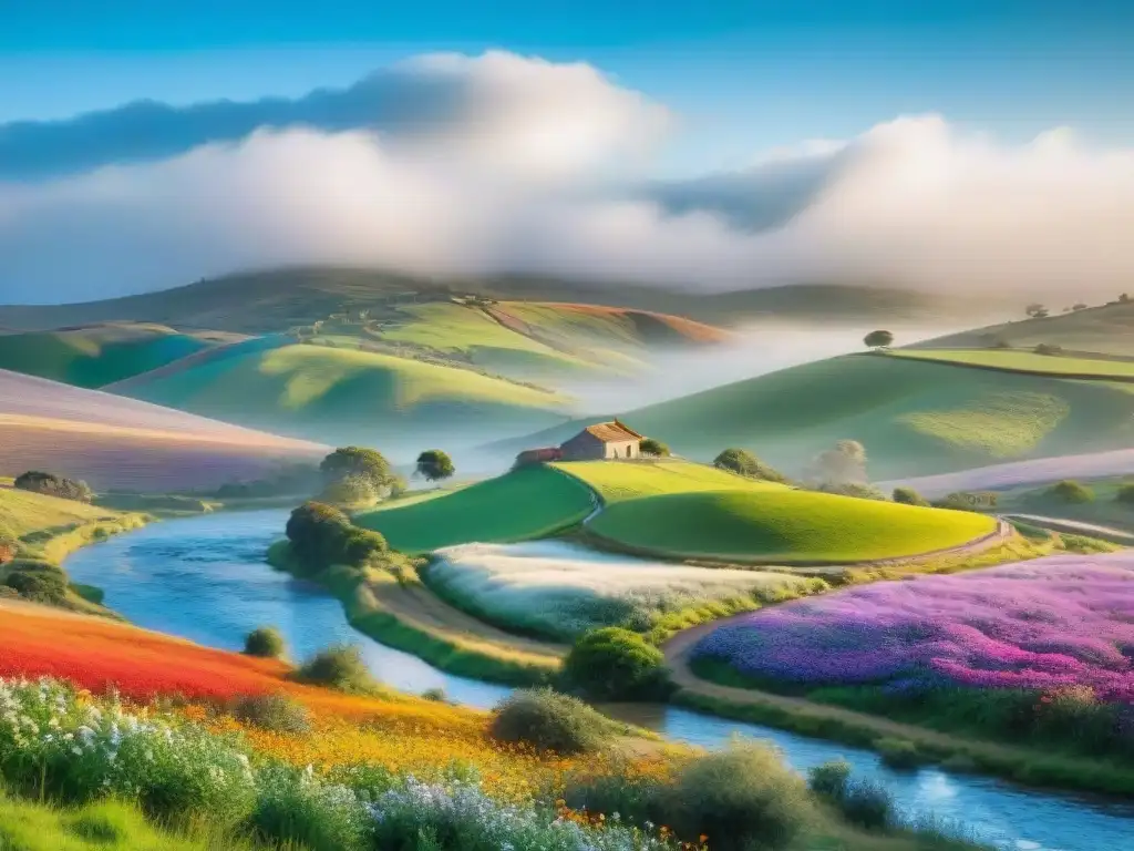 Idílica vista de un paisaje rural en Uruguay con colinas verdes, un arroyo y flores silvestres