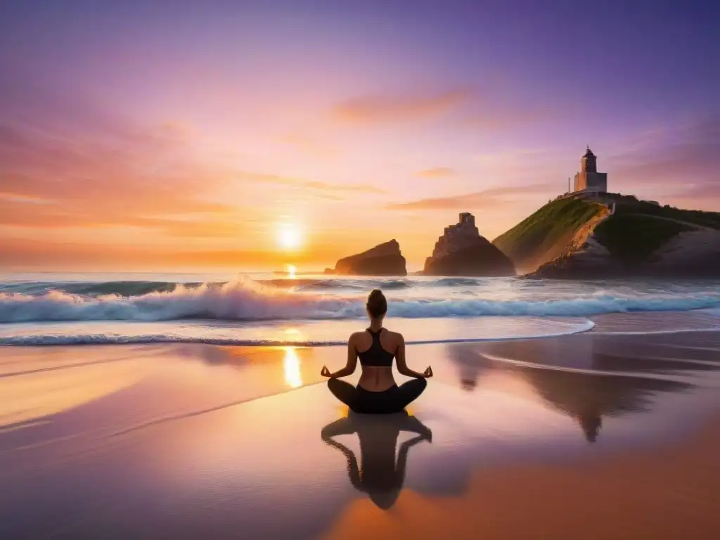 Una ilustración detallada del amanecer en una playa serena de Uruguay, vibrantes colores pintan el cielo mientras las olas acarician la orilla