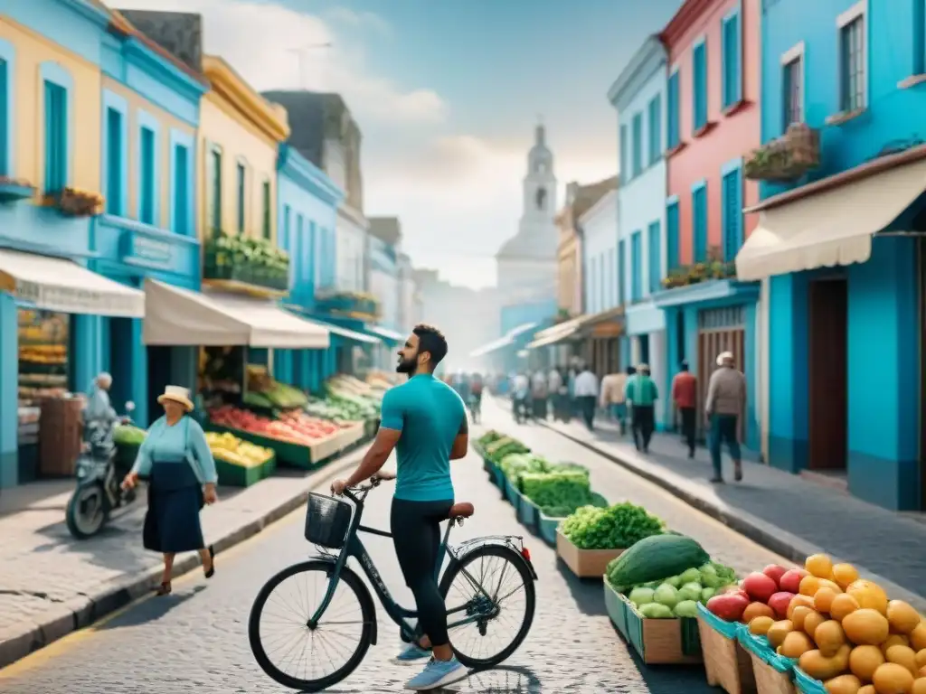 Una ilustración detallada y moderna de una bulliciosa calle en Uruguay, con personas diversas disfrutando de actividades saludables como trotar, andar en bicicleta y comprar productos frescos en mercados locales