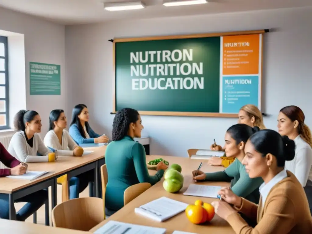 Una ilustración detallada y moderna de estudiantes diversos en una clase de nutrición en Uruguay, promoviendo la enseñanza de la nutrición en Uruguay