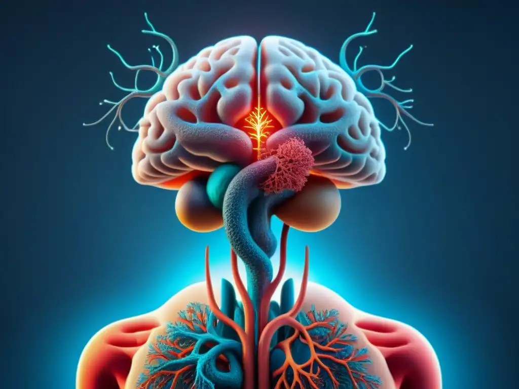 Una ilustración moderna detallada que muestra una red vibrante e interconectada de neuronas cerebrales y vasos sanguíneos del sistema circulatorio, simbolizando la compleja relación entre la salud mental y las enfermedades crónicas en Uruguay