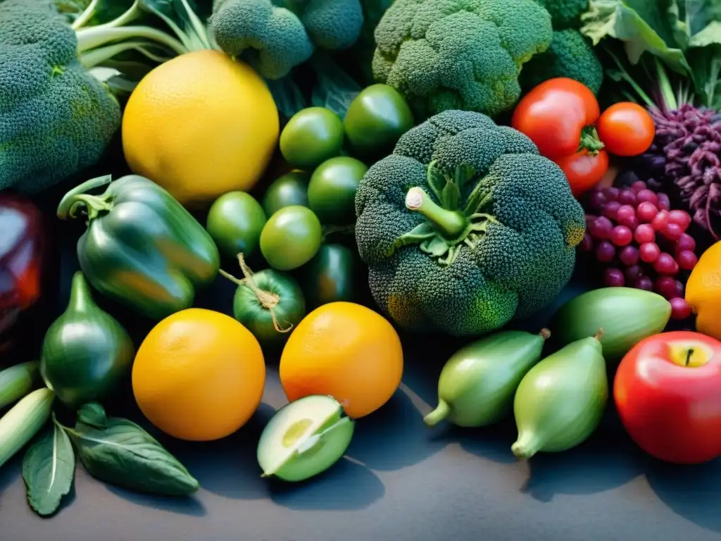 Una ilustración moderna y vibrante de frutas y verduras frescas y coloridas, representativas de la Dieta uruguaya en contexto global