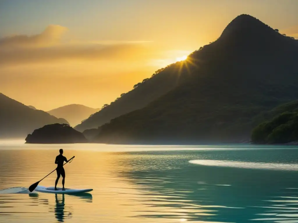 La imagen muestra los beneficios del paddle surf en Laguna Garzón al amanecer, con una atmósfera serena y tranquilizadora