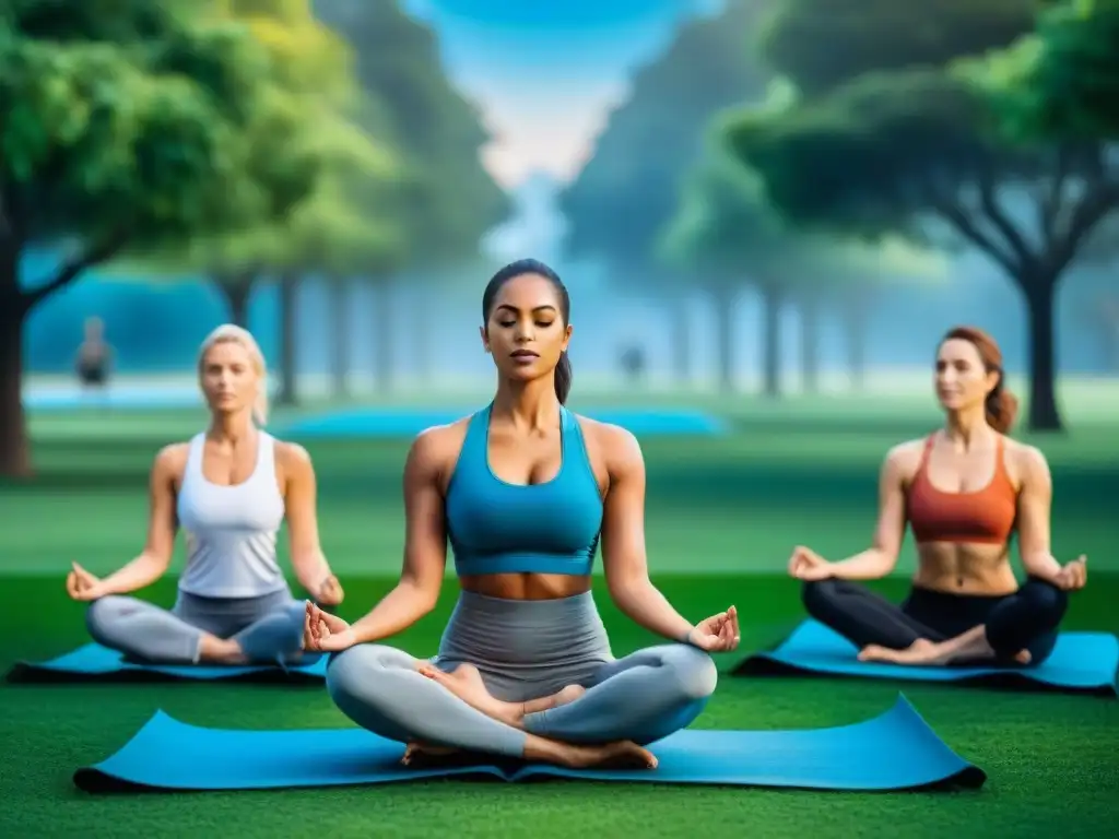 Una imagen de bienestar integral en un parque verde, personas practicando yoga, meditación y alimentación saludable bajo el cielo azul