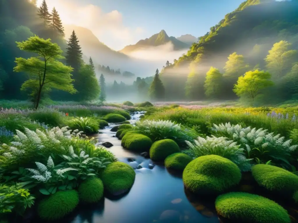 Imagen de un bosque exuberante y sereno con un arroyo cristalino, rayos de sol filtrándose entre el dosel y musgo en las rocas