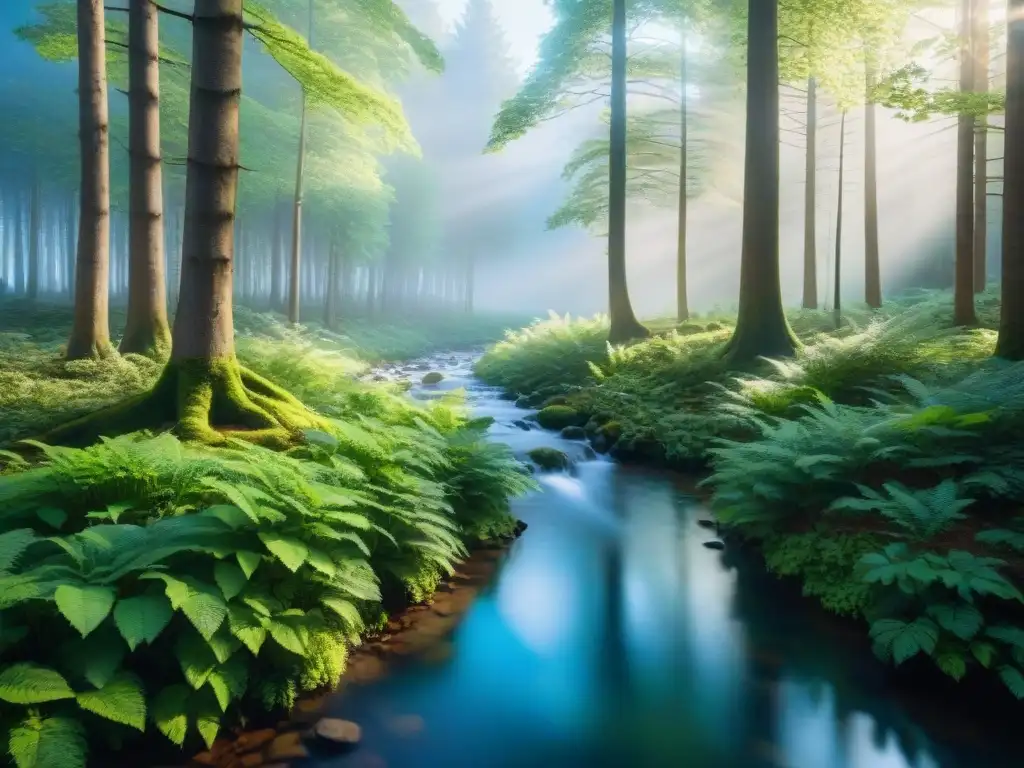 Imagen de un bosque sereno con árboles verdes vibrantes, un arroyo y cielo azul