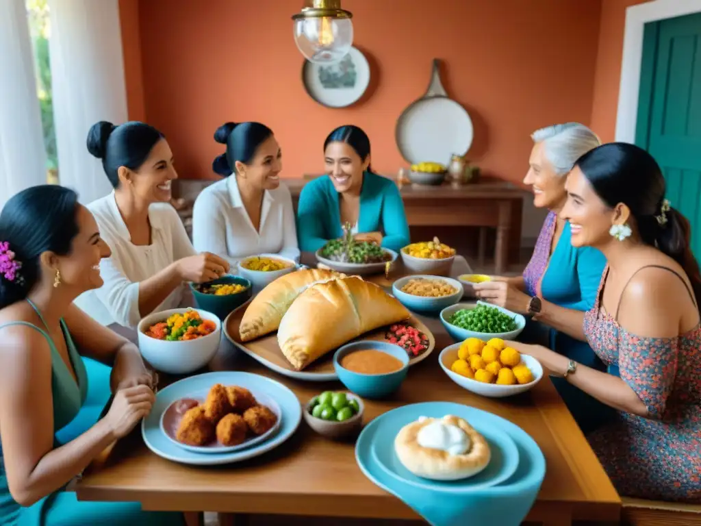 Una imagen de Comidas familiares en Uruguay: una escena cálida y alegre de una familia reunida alrededor de una mesa con comida tradicional