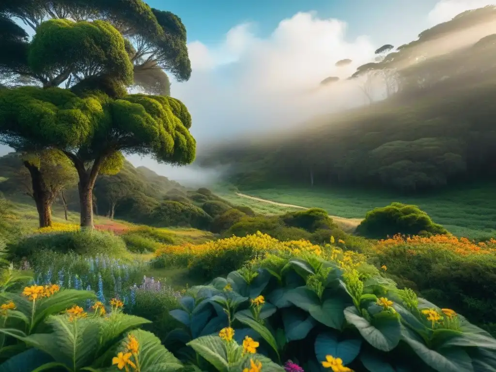 Imagen detallada de un bosque verde exuberante en Uruguay con flores silvestres vibrantes