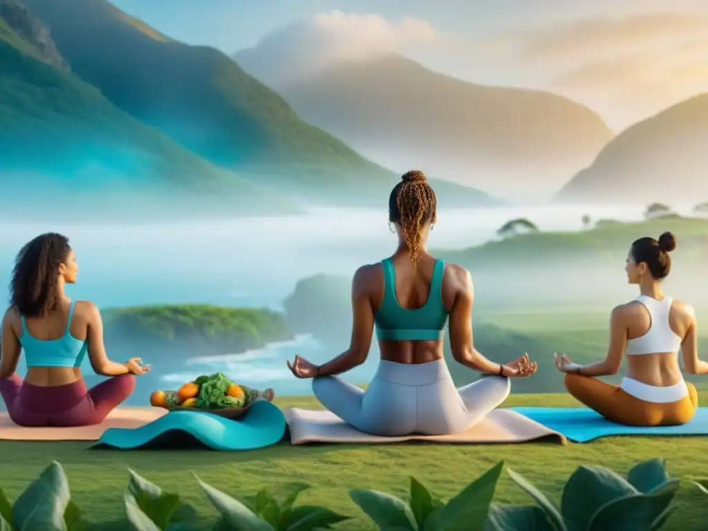 Una imagen 8k detallada de personas diversas practicando mindfulness en un entorno natural